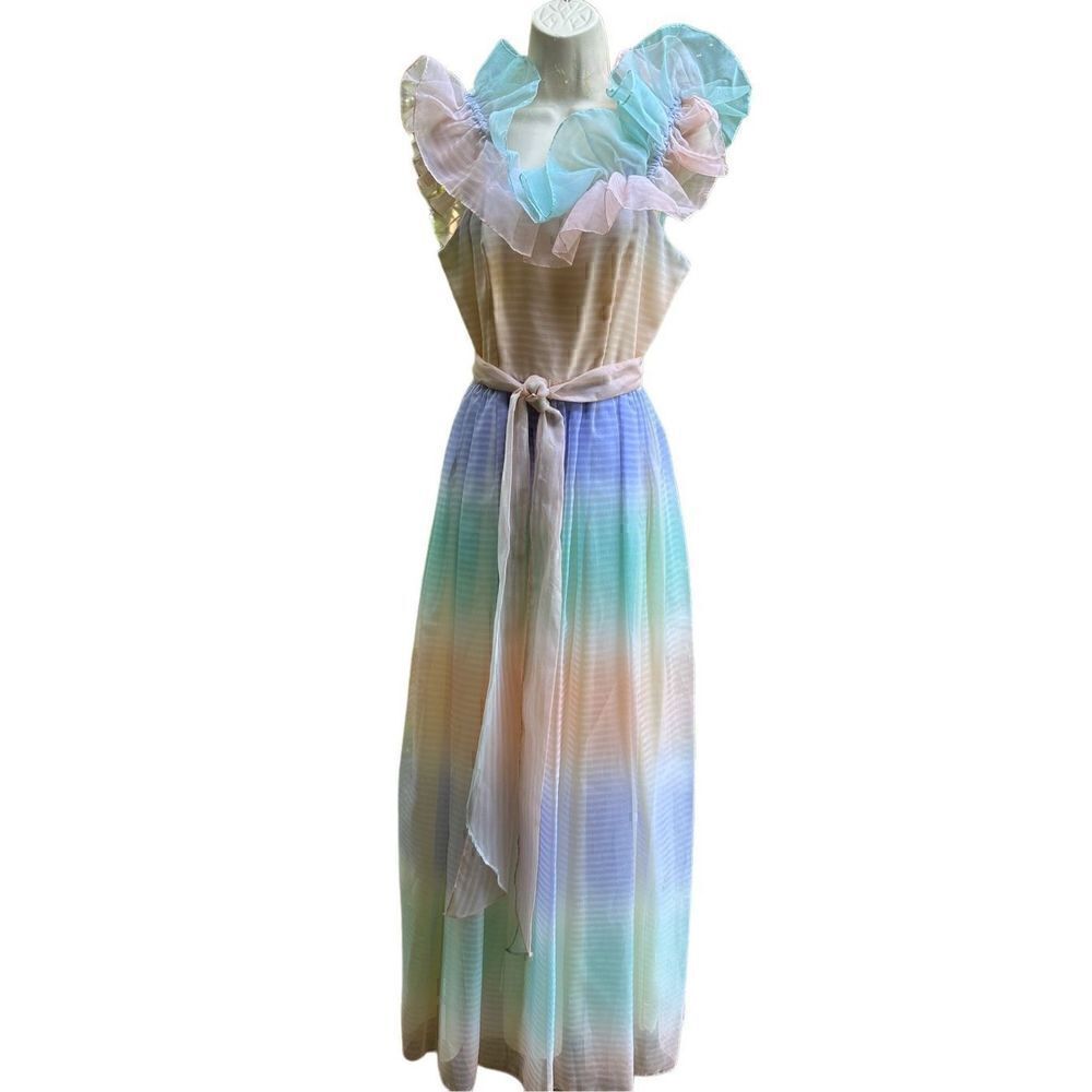 Vintage Pastel Rainbow Tulle and Ruffle 80s Off Shoulder Maxi Length Dress 7/8